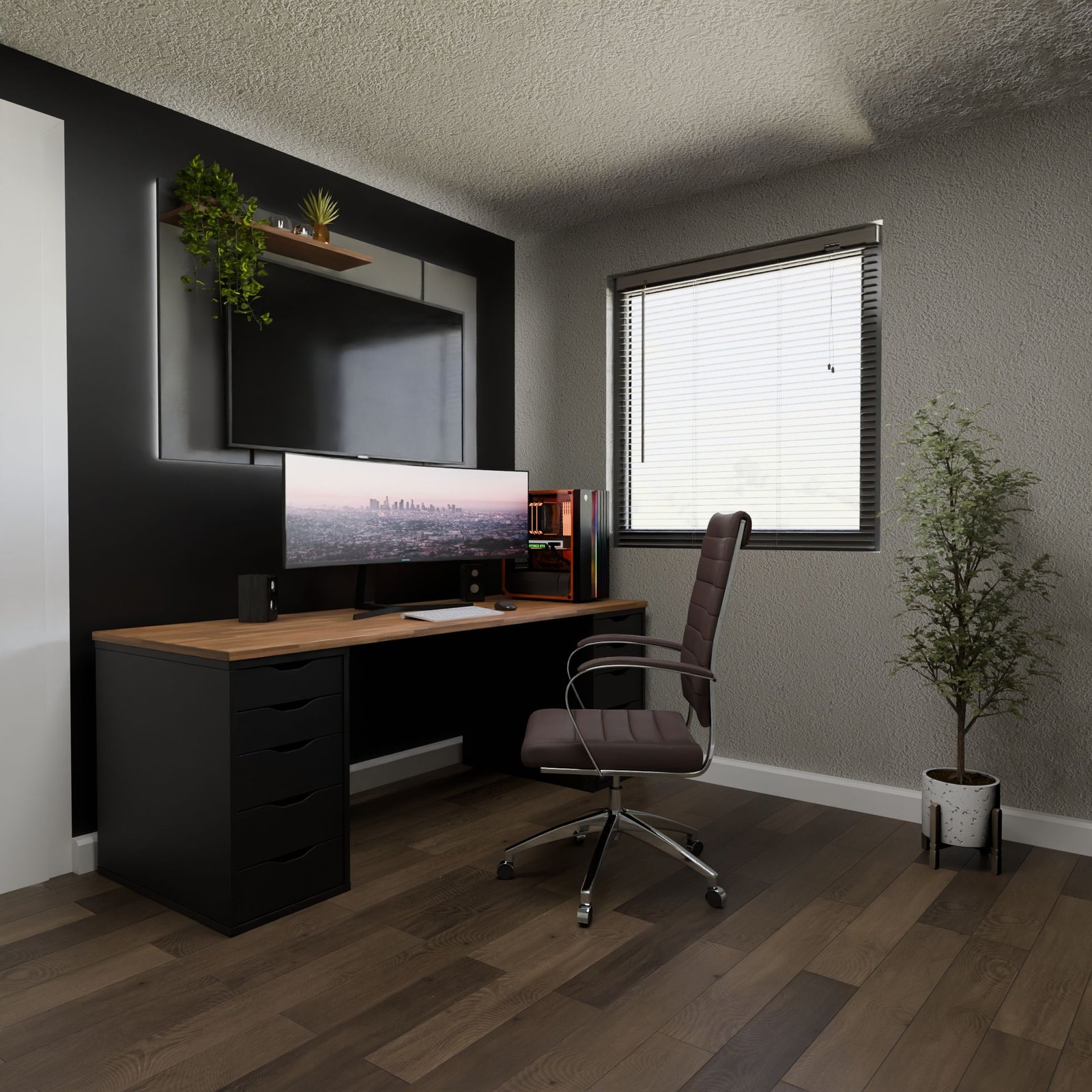 pexels-photo-27920699-27920699 Sleek home office featuring a minimalist desk setup with a large monitor and ergonomic chair.